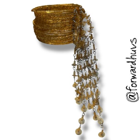 Statement Cuff Necklace & Bracelet Set – Gold Tone Beaded Fringe - Picture 6 of 11
